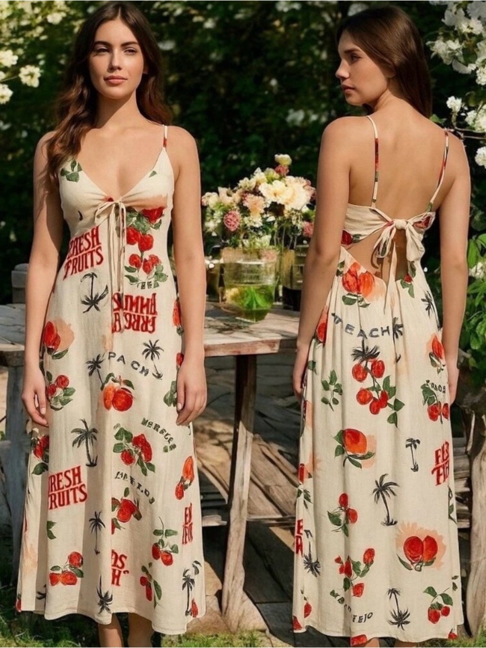 Paper Heart Fresh Fruits Printed Maxi Tie-Back Summer Dress